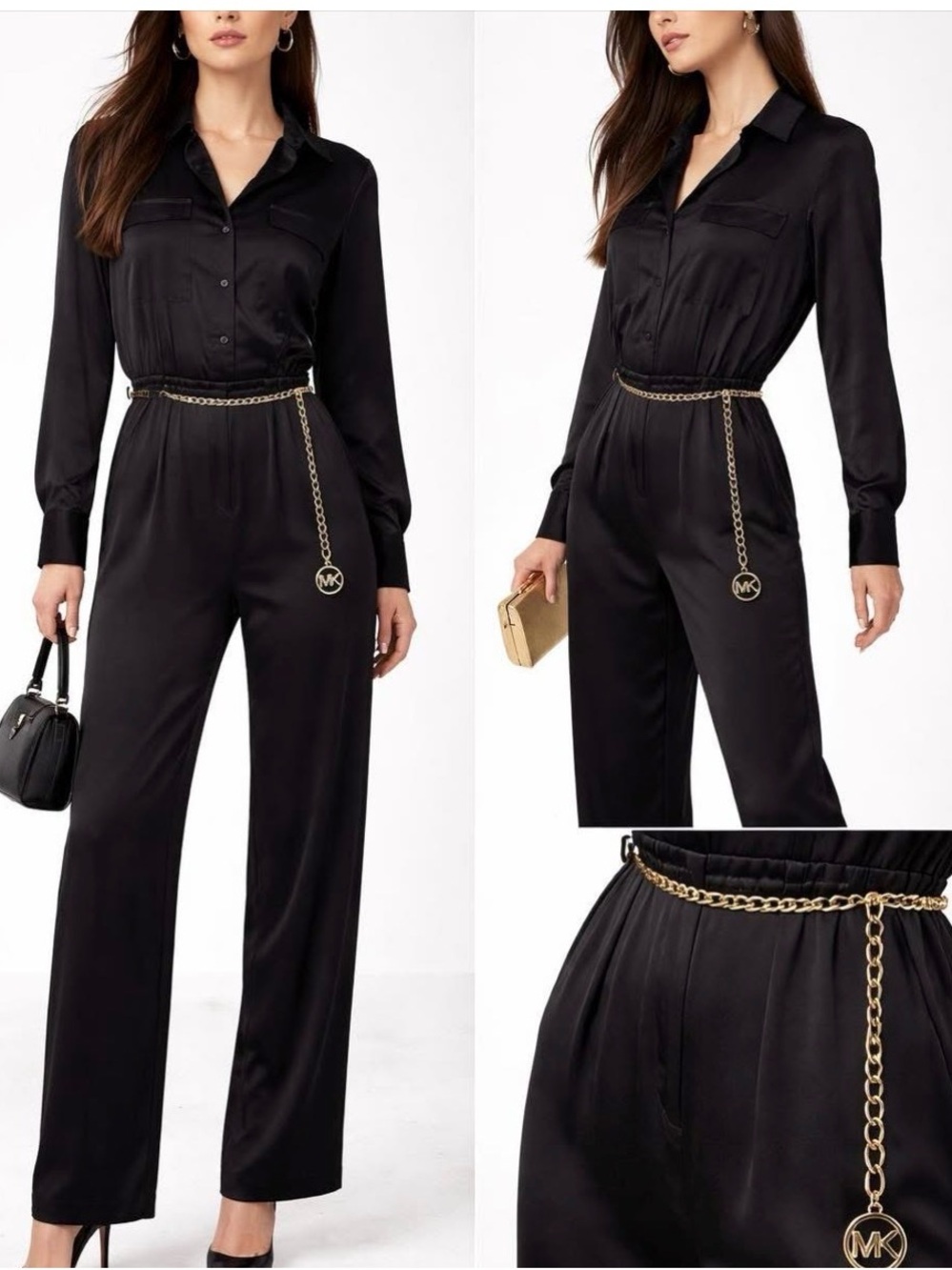 MICHAEL Michael Kors Black Satin Long-Sleeve Jumpsuit with Gold Chain Belt